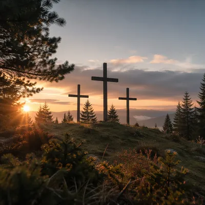 Three Crosses at Evergreen Sunset