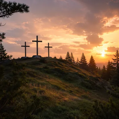 Three Crosses at Evergreen Sunset