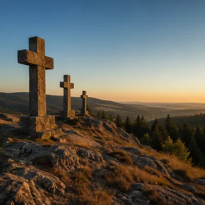 Three Crosses on Evergreen Hill at Sunset