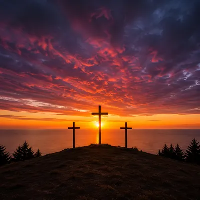 Three Crosses at Crimson Sunset
