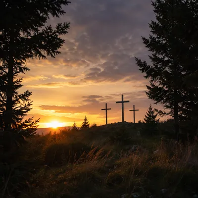 Three Crosses on Evergreen Hill at Sunset