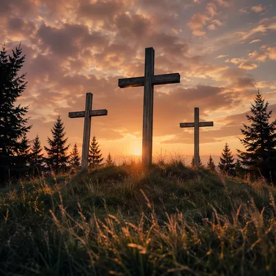 Three Crosses on Evergreen Hill at Sunset