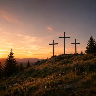 Three Crosses on Evergreen Hill at Sunset