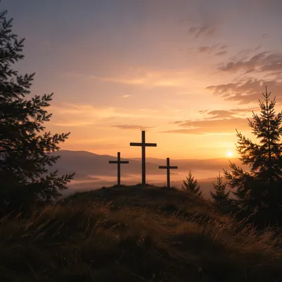 Three Crosses at Sunset Evergreen Hill