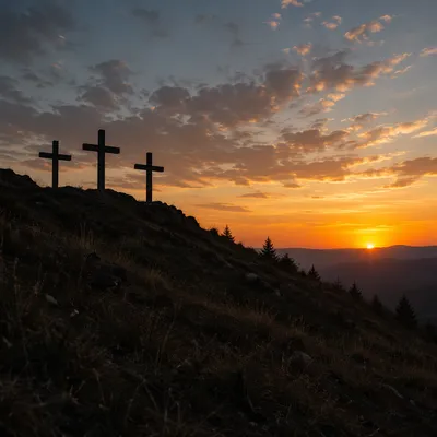 Three Crosses on Hill at Sunset
