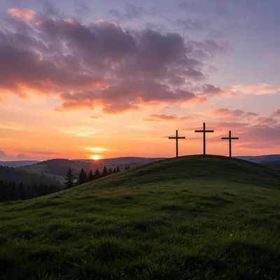 Three Crosses on Green Hill at Sunset