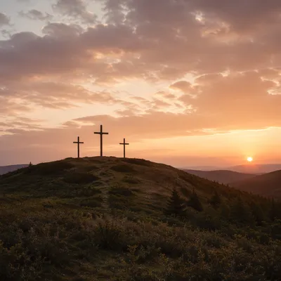Three Crosses on Hill at Sunset