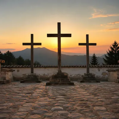Three Crosses on Hill at Sunset