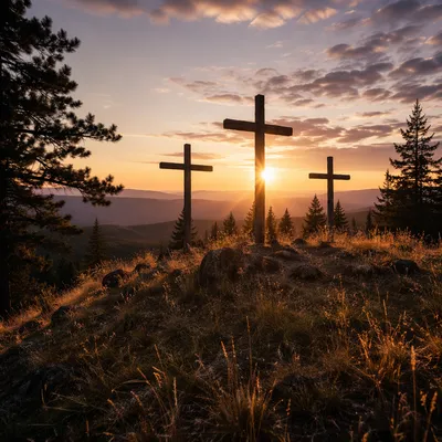 Three Crosses on Evergreen Hill at Sunset