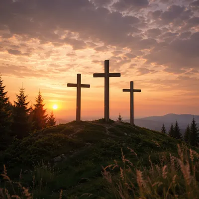 Three Crosses on Evergreen Hill at Sunset