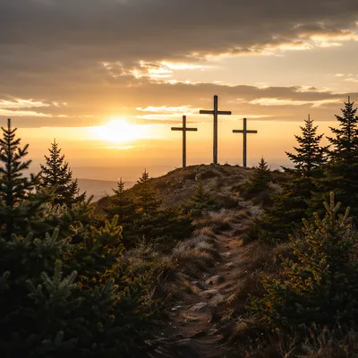 Three Crosses on Evergreen Hill at Sunset