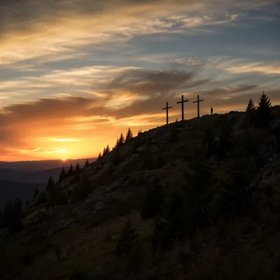 Three Crosses on Evergreen Hill at Sunset