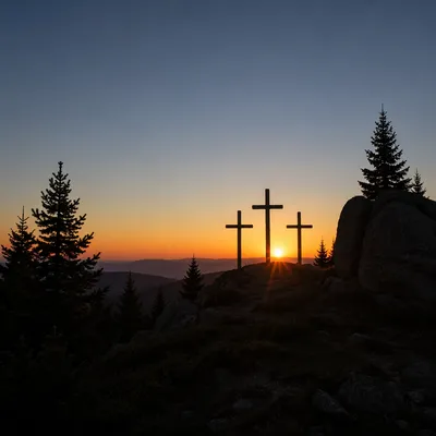 Three Crosses at Evergreen Sunset