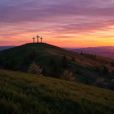 Three Crosses on Sunset Evergreen Hill