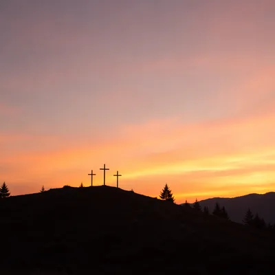 Three Crosses on Evergreen Hill at Sunset