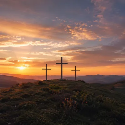 Three Crosses on Evergreen Hill at Sunset