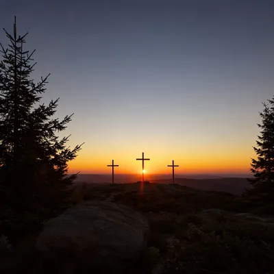 Three Crosses on Evergreen Hill at Sunset
