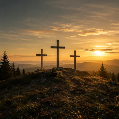 Three Crosses on Evergreen Hill at Sunset