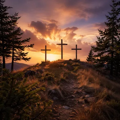 Three Crosses on Evergreen Hill at Sunset