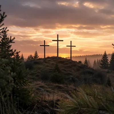 Three Crosses on Evergreen Hill at Sunset