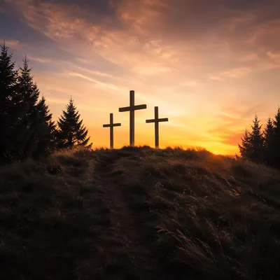 Three Crosses on Evergreen Hill at Sunset