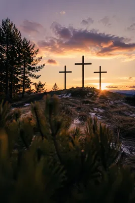 Three Crosses on Evergreen Hill at Sunset