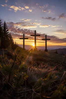 Three Crosses on Evergreen Hill at Sunset