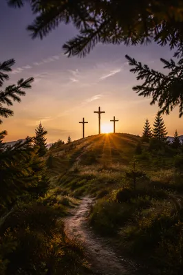 Three Crosses on Evergreen Hill at Sunset