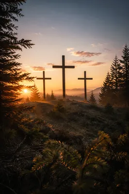 Three Crosses on Evergreen Hill at Sunset