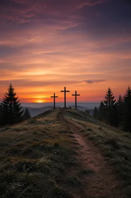 Three Crosses on Evergreen Hill at Sunset