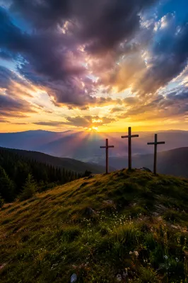 Three Crosses on Evergreen Hill at Sunset