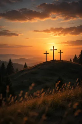Three Crosses at Sunset on Pine Hill