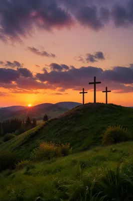 Three Crosses on Green Hill at Sunset