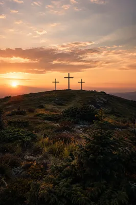Three Crosses on Evergreen Hill at Sunset
