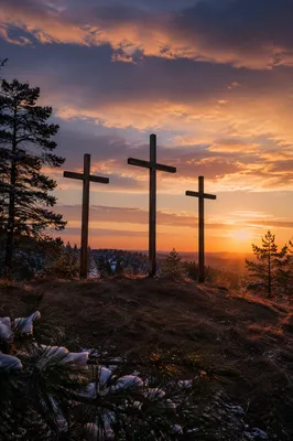 Three Crosses on Evergreen Hill at Sunset