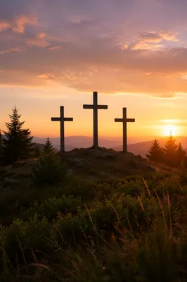 Three Wooden Crosses on Evergreen Hill at Sunset