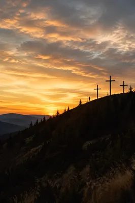 Three Crosses on Evergreen Hill at Sunset