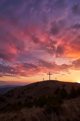 Three Crosses on Sunset Evergreen Hill