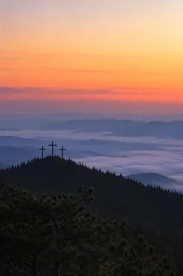 Three Crosses on Evergreen Hill at Sunset