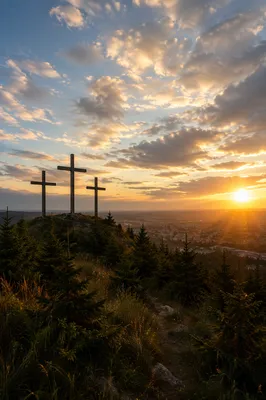 Three Crosses on Evergreen Hill at Sunset