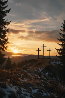 Three Crosses on Evergreen Hill at Sunset