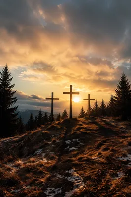 Three Wooden Crosses at Evergreen Sunset