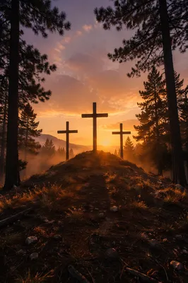 Three Crosses on Evergreen Hill at Sunset