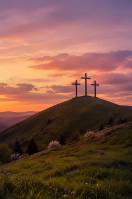 Three Crosses on Sunset Evergreen Hill