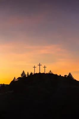 Three Crosses on Evergreen Hill at Sunset