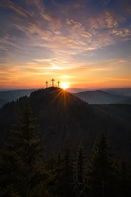 Three Crosses on Evergreen Hill at Sunset