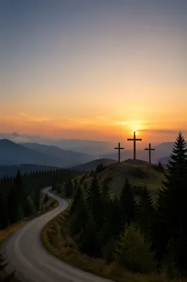 Three Crosses on Evergreen Hill at Sunset