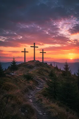 Three Crosses on Evergreen Hill at Sunset