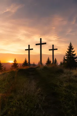 Three Crosses on Evergreen Hill at Sunset