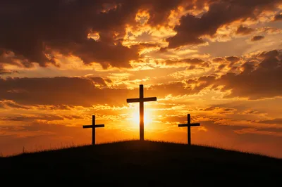 Three Crosses Silhouetted at Golden Sunset